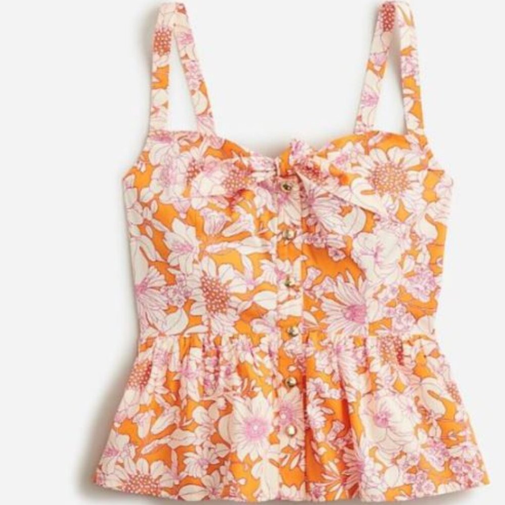 J Crew NWT Retail $98 Sz 10 Tie-front button-up peplum top floral cotton poplin